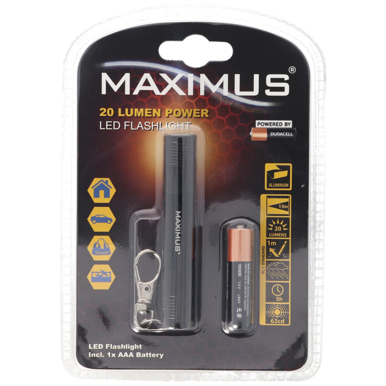20 Lumen Miniatur LED-Taschenlampe im Stiftformat inklusive Schlüsselring, Karabiner und Batterie