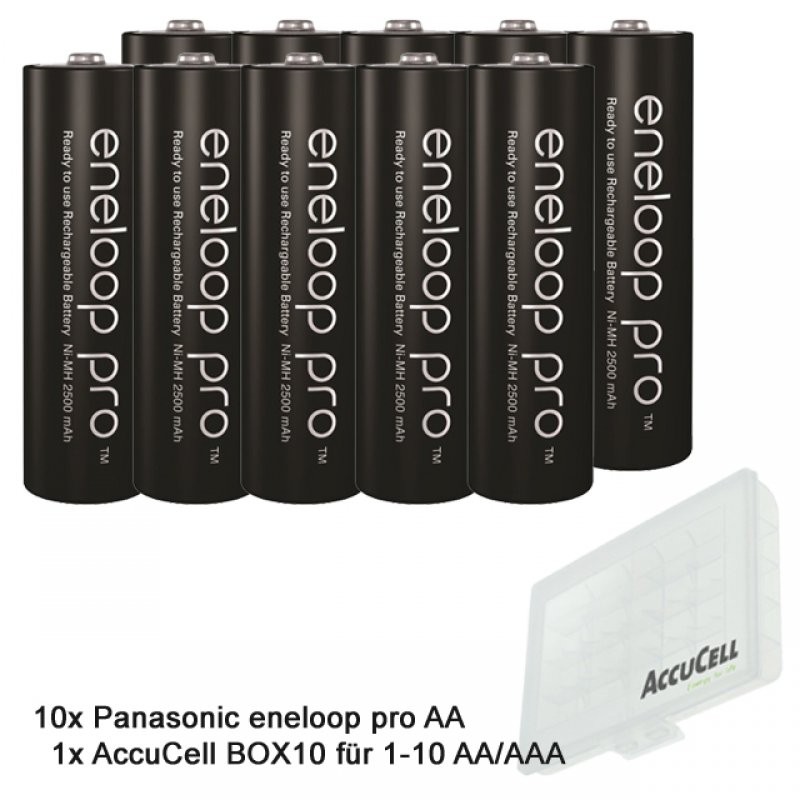 10 Panasonic eneloop Pro NiMH Akku, AA Mignon, 2500mAh mit extrastarker Leistung und AccuCell AccuSafe