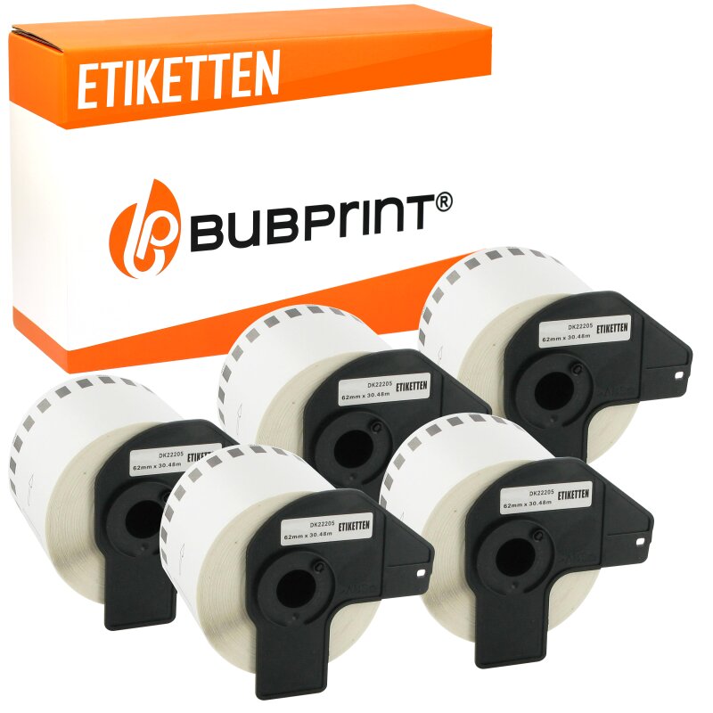 Bubprint 5x Rollen Etiketten kompatibel für Brother DK-22205 #2205 62mmx30,48m