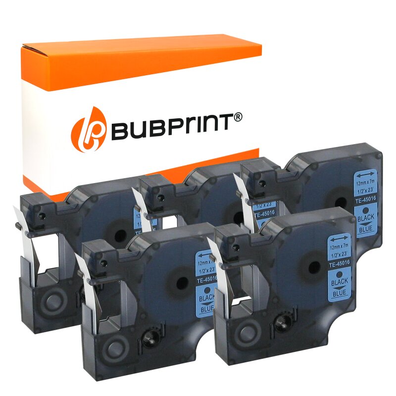 Bubprint EOL 5 Schriftbänder kompatibel für Dymo 45016 schwarz auf blau 12mm x 7m Labelmanager 100 Plus 220 P